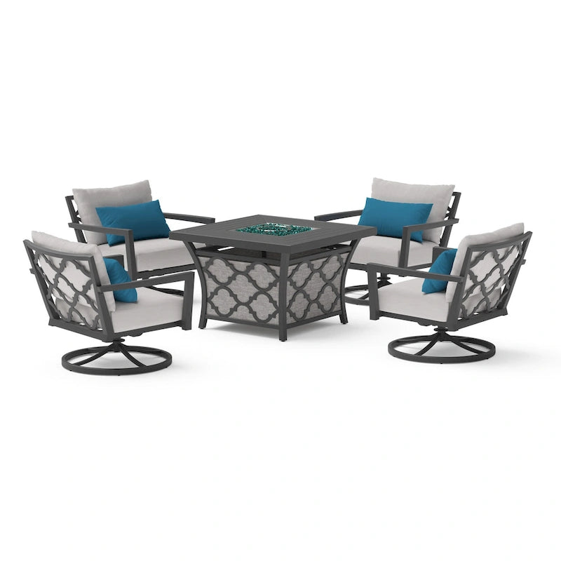 Venetia 5 Piece Sunbrella Outdoor Patio Motion Fire Chat Set
