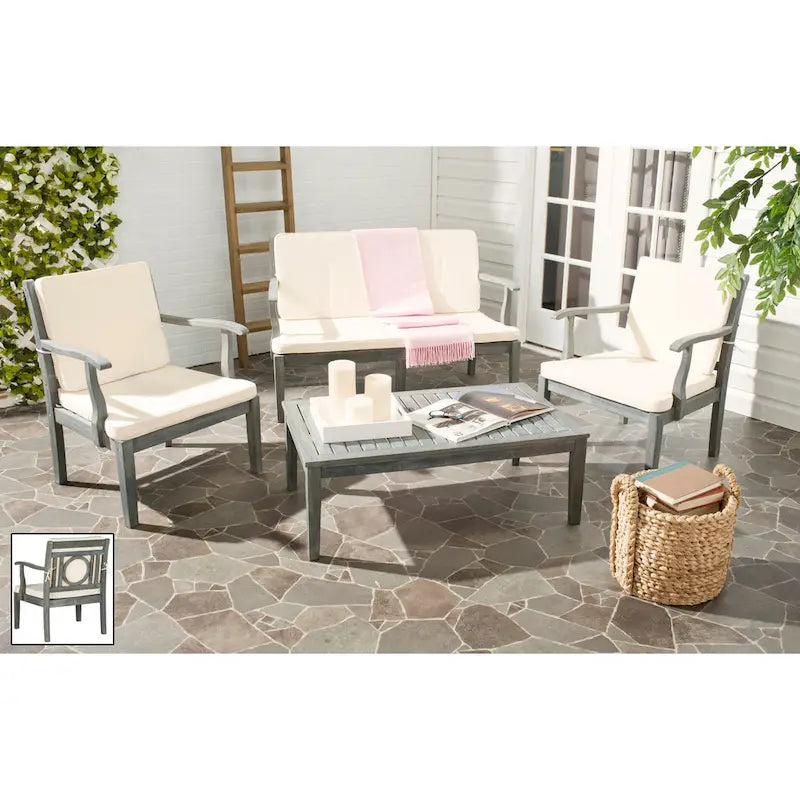 SAFAVIEH Outdoor Living Montclair Ash Grey Acacia Wood 4-piece Beige Cushion Patio Set - 48W x 25D x 32H