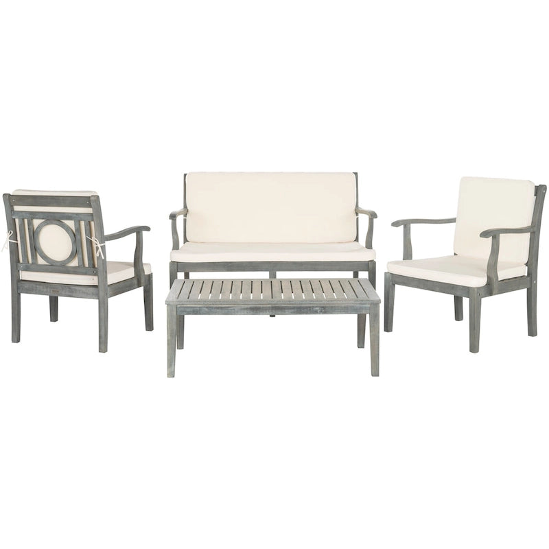 Ensemble de patio 4 pièces SAFAVIEH Outdoor Living Montclair en bois d'acacia gris cendré avec coussins beiges - 122 cm (L) x 64 cm (P) x 81 cm (H)