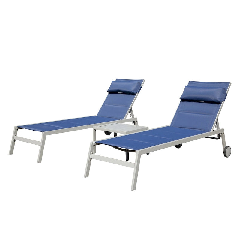 Outdoor Patio Chaise Lounge Set Of 3, Aluminum Pool Lounge Chairs With Side Table And Wheels