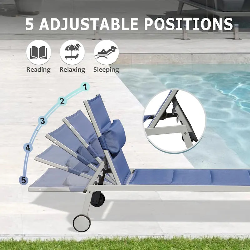 Ensemble de 3 chaises longues d'extérieur pour terrasse, chaises longues de piscine en aluminium avec table d'appoint et roulettes