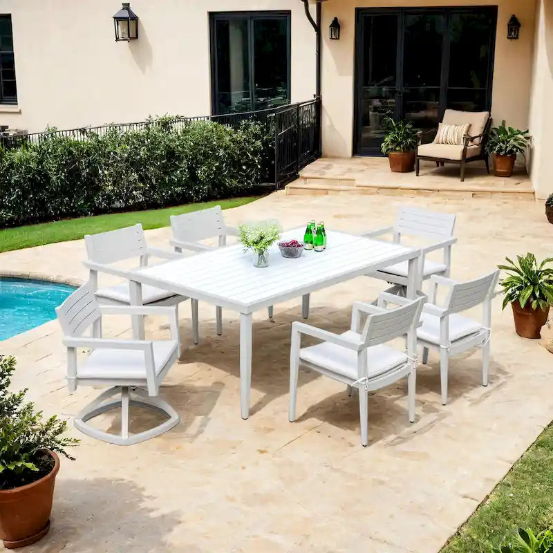 GDFStudio - Matte White & Grayish 7-Piece Patio Aluminum Dining Set with Sunbrella Cushions