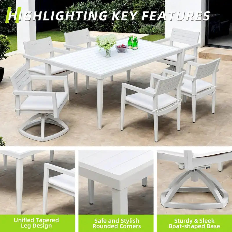 GDFStudio - Ensemble de salle à manger d'extérieur 7 pièces en aluminium blanc mat et grisâtre avec coussins Sunbrella