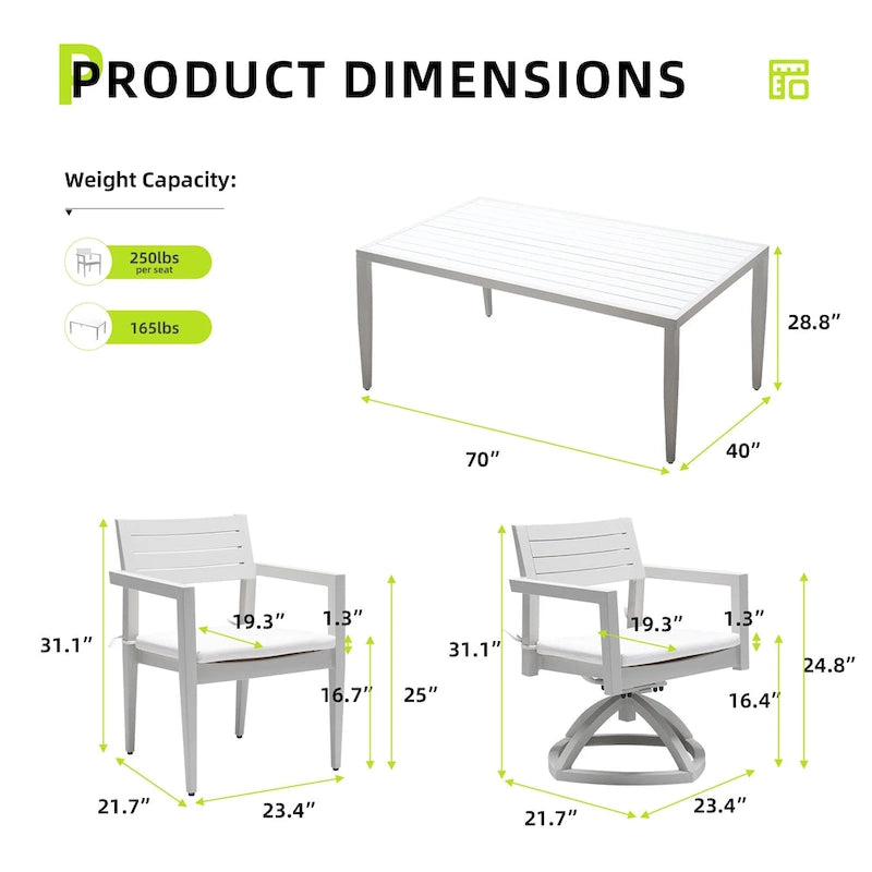 GDFStudio - Ensemble de salle à manger d'extérieur 7 pièces en aluminium blanc mat et grisâtre avec coussins Sunbrella