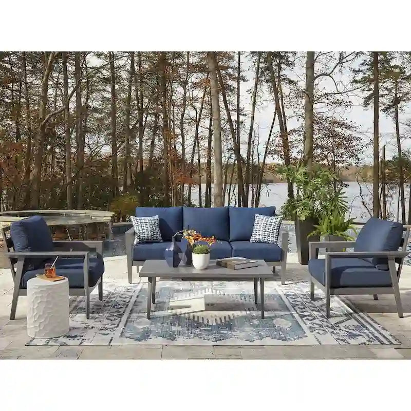 Signature Design by Ashley Gali Gray/Blue Outdoor Sofa/Chairs/Table Set (Set of 4) - 78.25 W x 33.25 D x 36.25 H