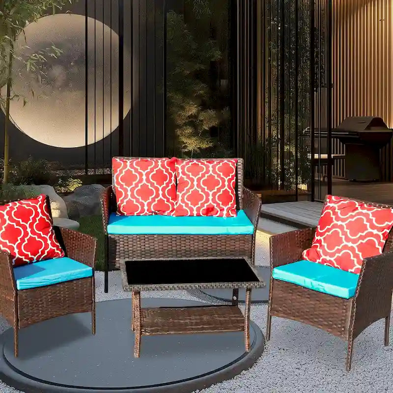 Ensemble canapé 4 pièces avec table, fauteuil et coussins en rotin PE