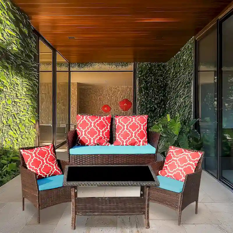 4-Piece Sofa Set Table With Sofa Chair PE Rattan With Cushion