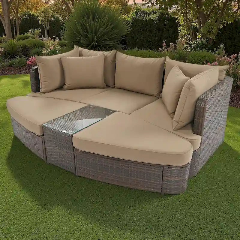 Ensemble de canapé d'angle modulable en rotin pour extérieur, 6 pièces, avec table basse et combinaison libre.