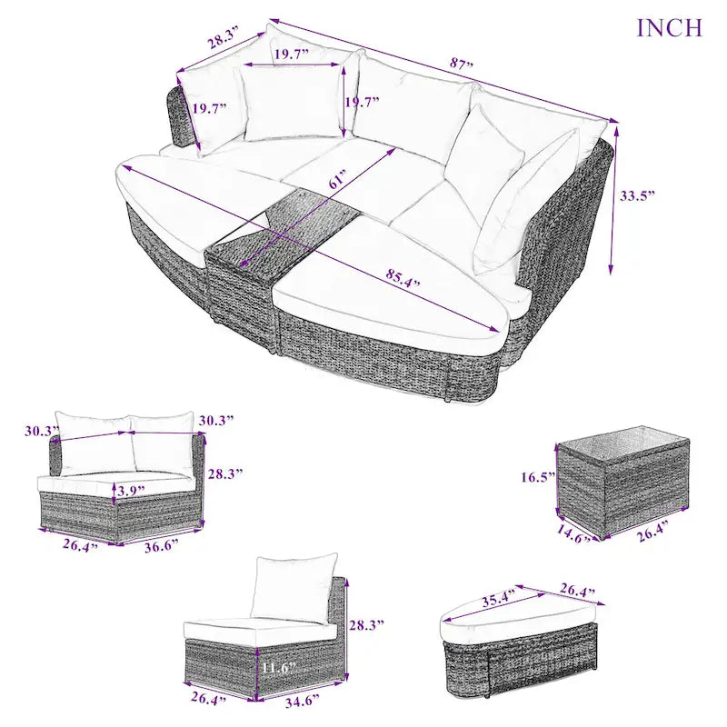Ensemble de canapé d'angle modulable en rotin pour extérieur, 6 pièces, avec table basse et combinaison libre.
