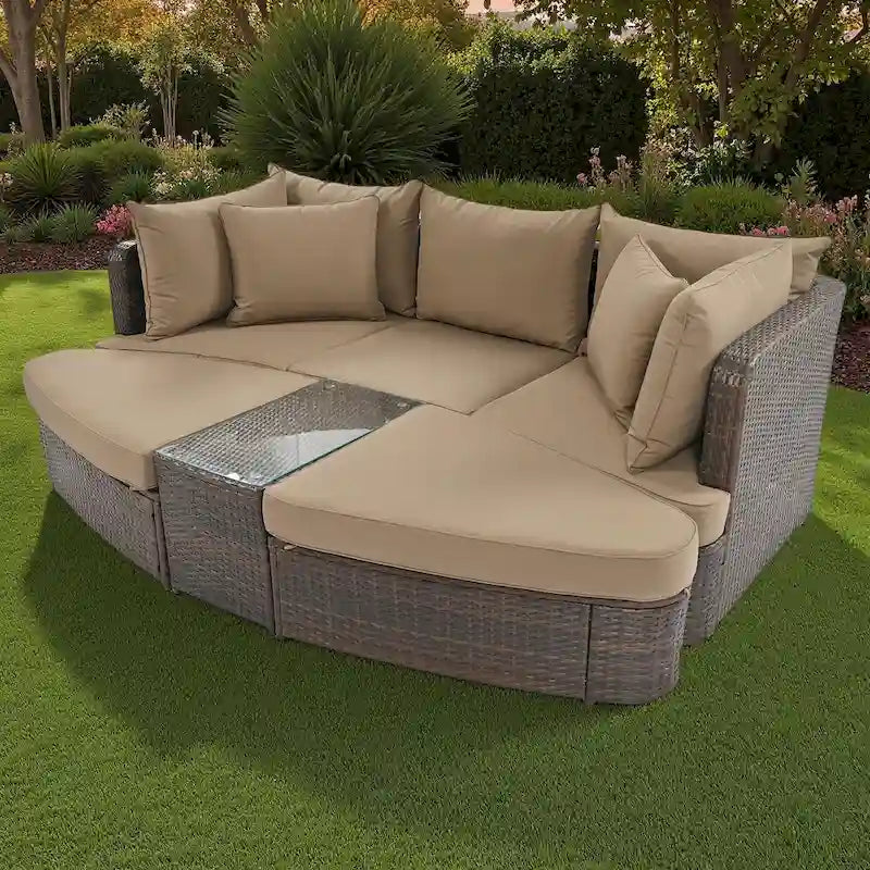 Ensemble de canapé d'angle modulable en rotin pour extérieur, 6 pièces, avec table basse et combinaison libre.