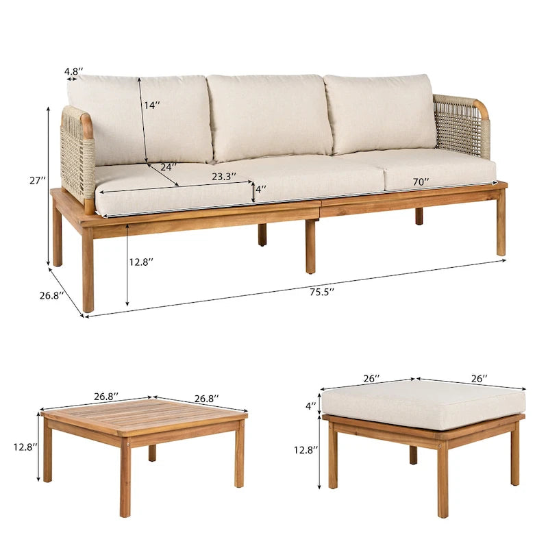 Ensemble de canapés de patio d'extérieur 3 pièces en bois d'acacia et corde