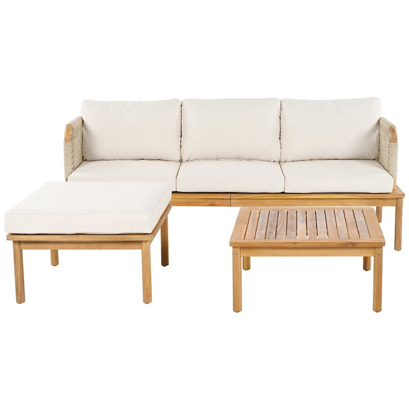 Ensemble de canapés de patio d'extérieur 3 pièces en bois d'acacia et corde