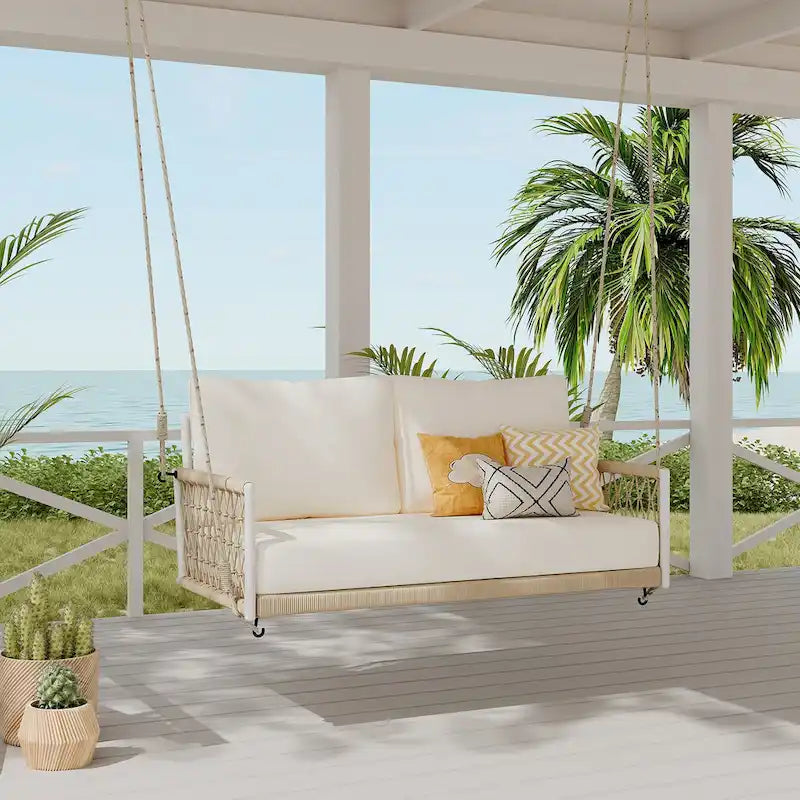 1-Piece Woven Rope Outdoor Swing Sofa with Soft Cushions Seating 2 for Patio, Courtyard and Balcony