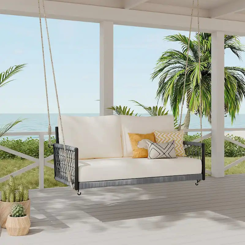 Balancelle d'extérieur monobloc en corde tressée avec coussins moelleux, 2 places, idéale pour terrasse, cour et balcon.