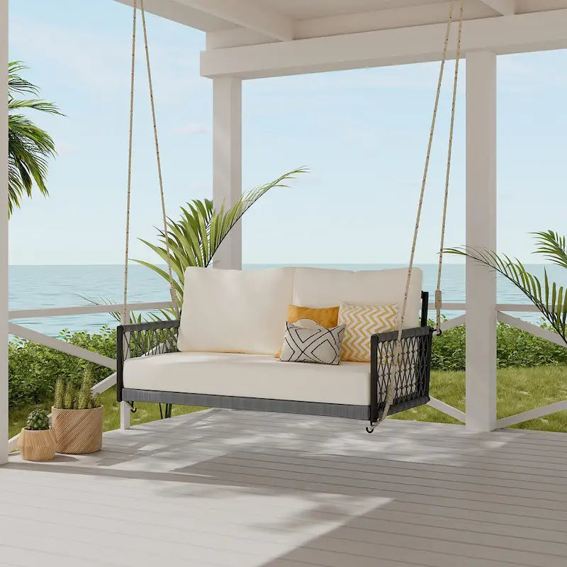 Balancelle d'extérieur monobloc en corde tressée avec coussins moelleux, 2 places, idéale pour terrasse, cour et balcon.