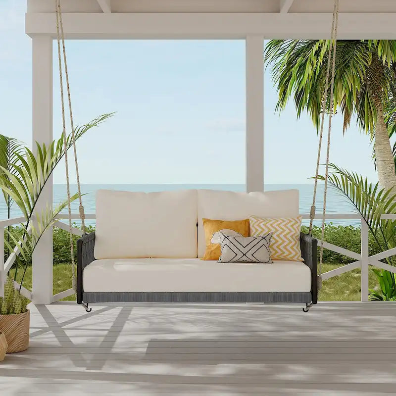 Balancelle d'extérieur monobloc en corde tressée avec coussins moelleux, 2 places, idéale pour terrasse, cour et balcon.