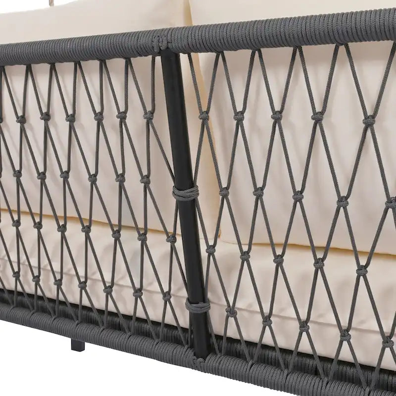 Balancelle d'extérieur monobloc en corde tressée avec coussins moelleux, 2 places, idéale pour terrasse, cour et balcon.