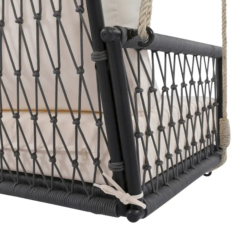 Balancelle d'extérieur monobloc en corde tressée avec coussins moelleux, 2 places, idéale pour terrasse, cour et balcon.