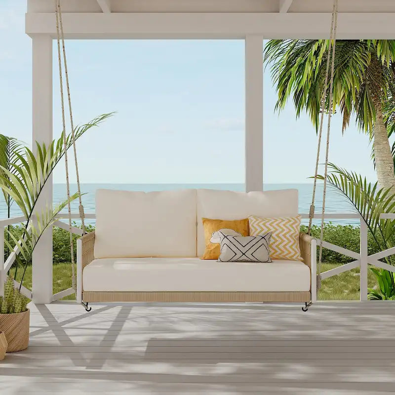 Balancelle d'extérieur monobloc en corde tressée avec coussins moelleux, 2 places, idéale pour terrasse, cour et balcon.