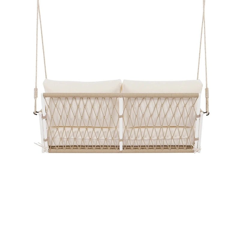 Balancelle d'extérieur monobloc en corde tressée avec coussins moelleux, 2 places, idéale pour terrasse, cour et balcon.