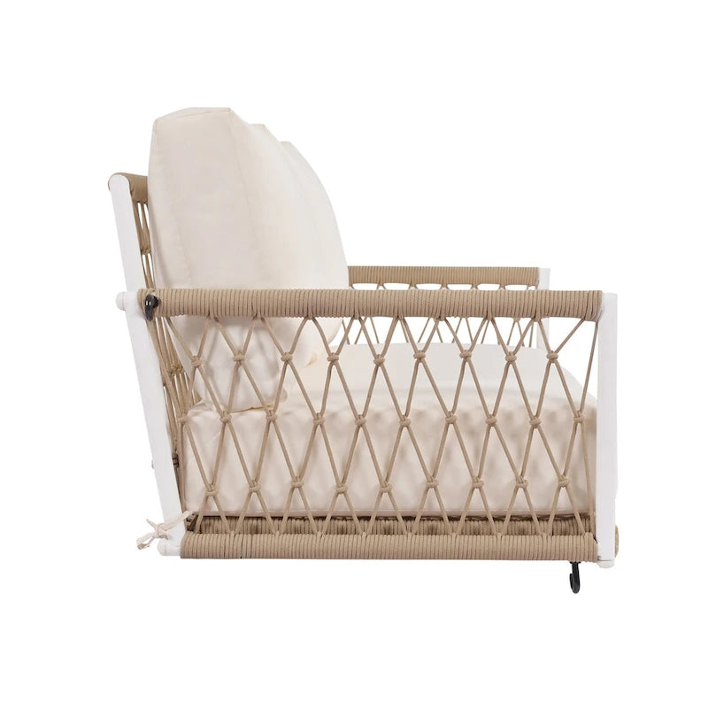 Balancelle d'extérieur monobloc en corde tressée avec coussins moelleux, 2 places, idéale pour terrasse, cour et balcon.