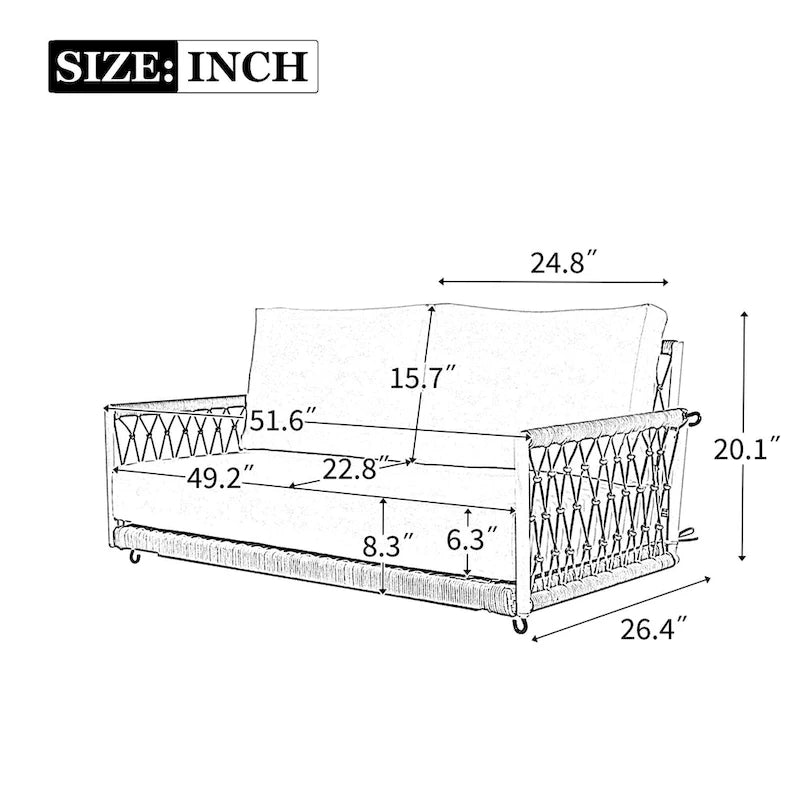 Balancelle d'extérieur monobloc en corde tressée avec coussins moelleux, 2 places, idéale pour terrasse, cour et balcon.