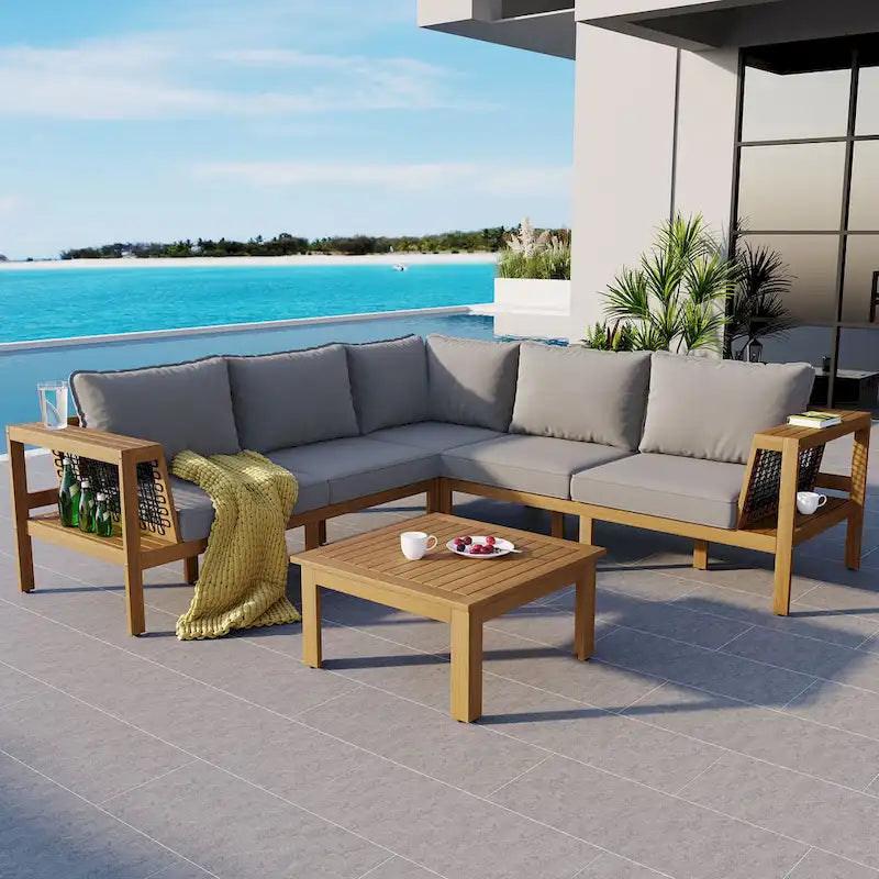 4-Pieces Outdoor L-Shaped Sofa Set with Woven Mesh Armrests & Coffee Table