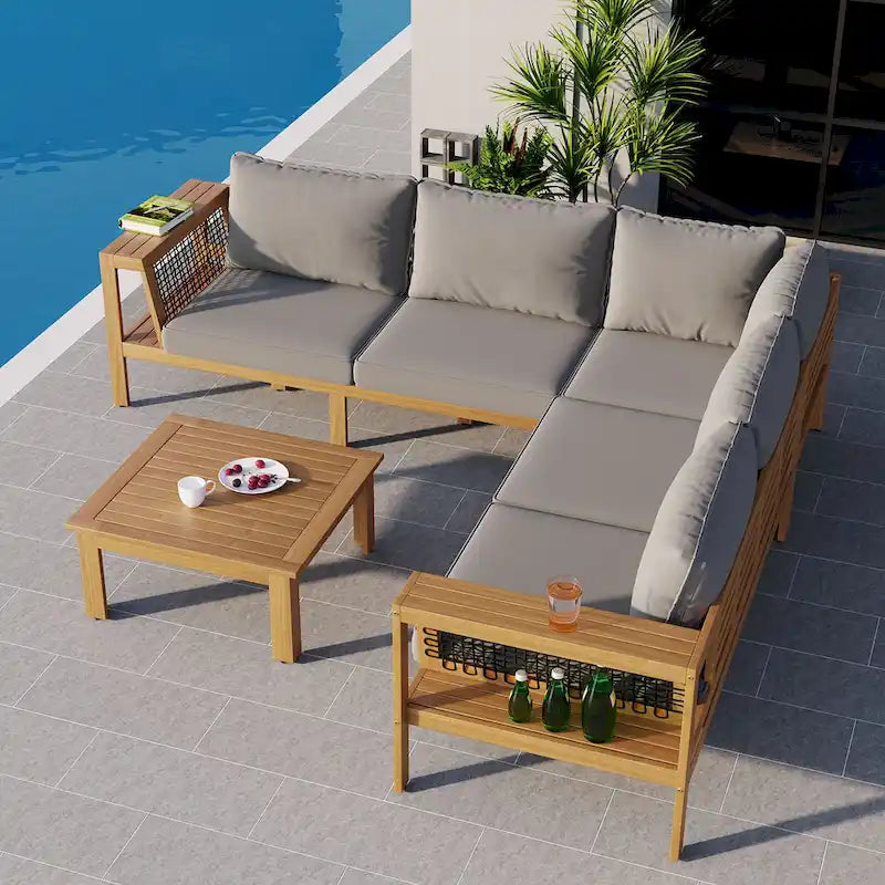 Ensemble de canapé d'extérieur en forme de L 4 pièces avec accoudoirs en maille tissée et table basse