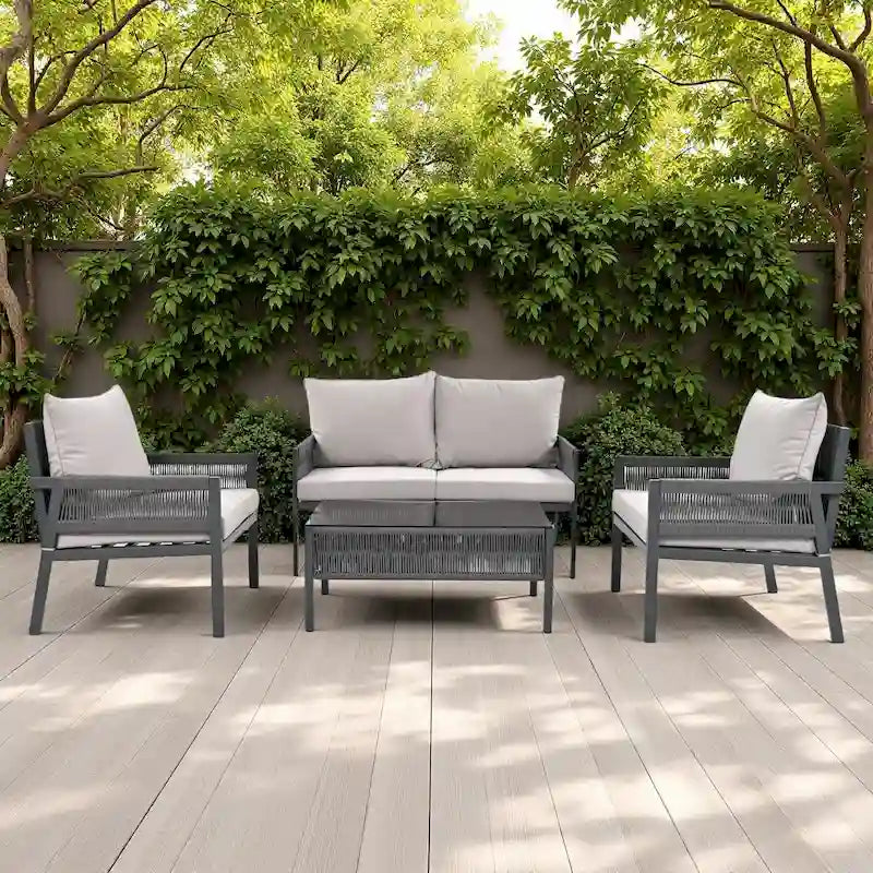 Ensemble de canapé de conversation en corde pour patio extérieur 4 pièces avec table en verre trempé