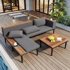 Patio L-shaped Acacia Wood Conversation Sectional Sofa with Removable Cushions and Coffee Table