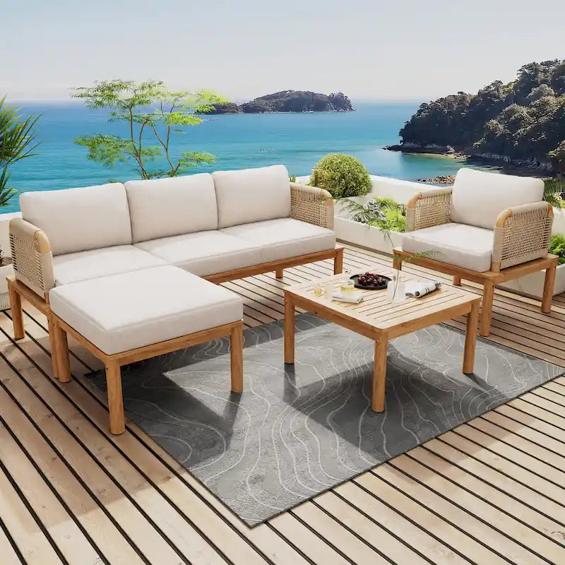 Outdoor 4-piece Acacia Wood and Rope Patio Sofa Set