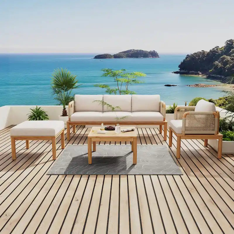 Ensemble de canapés de patio d'extérieur 4 pièces en bois d'acacia et corde