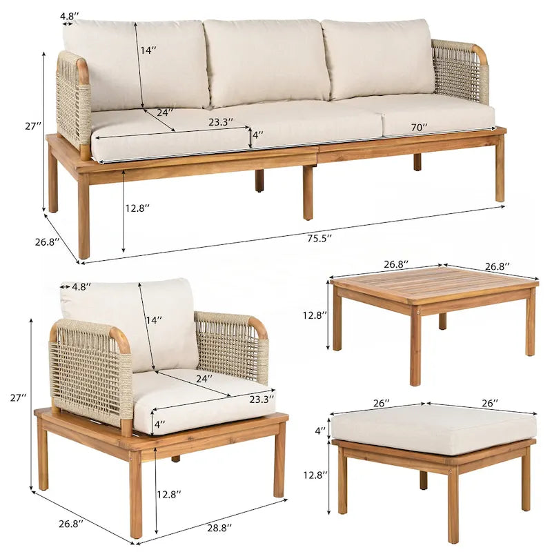 Ensemble de canapés de patio d'extérieur 4 pièces en bois d'acacia et corde