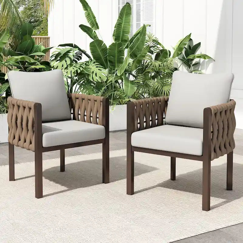 Roomfitters Lot de 2 fauteuils de jardin en métal avec coussins, assise profonde et accoudoirs, marron et gris