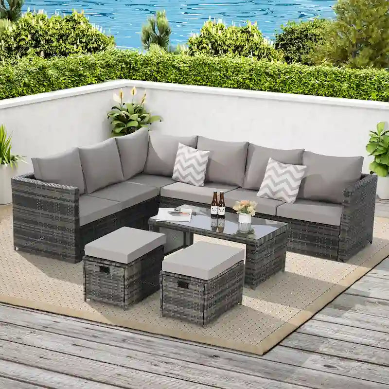 6-Piece Rattan Sectional Sofa Set with Glass Table