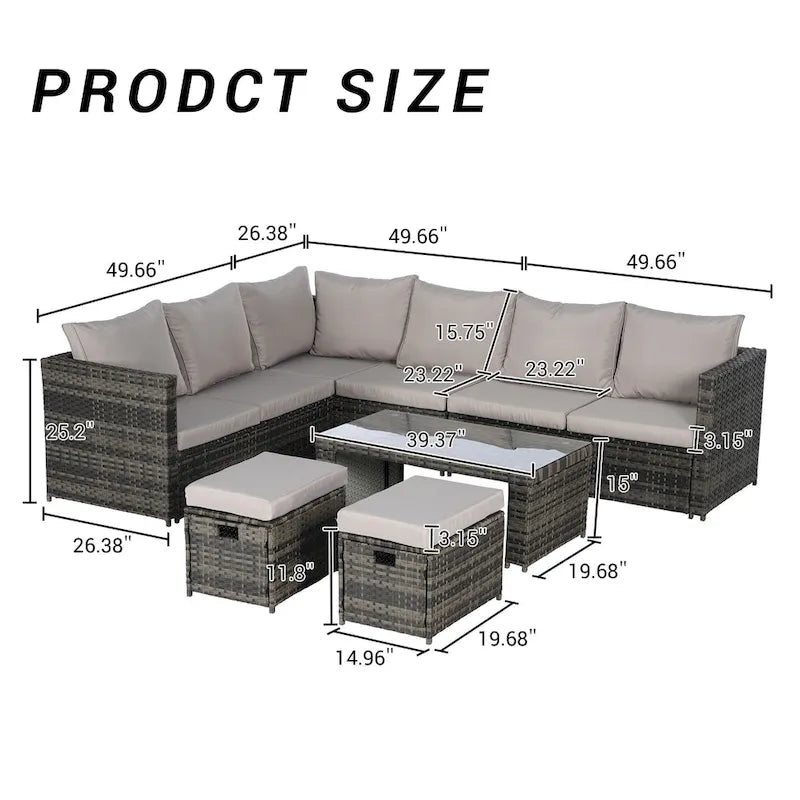 Ensemble de canapé d'angle en rotin 6 pièces avec table en verre