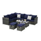 Ensemble de canapé d'angle en rotin 6 pièces avec table en verre