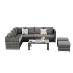 Ensemble de canapé d'angle en rotin 6 pièces avec table en verre