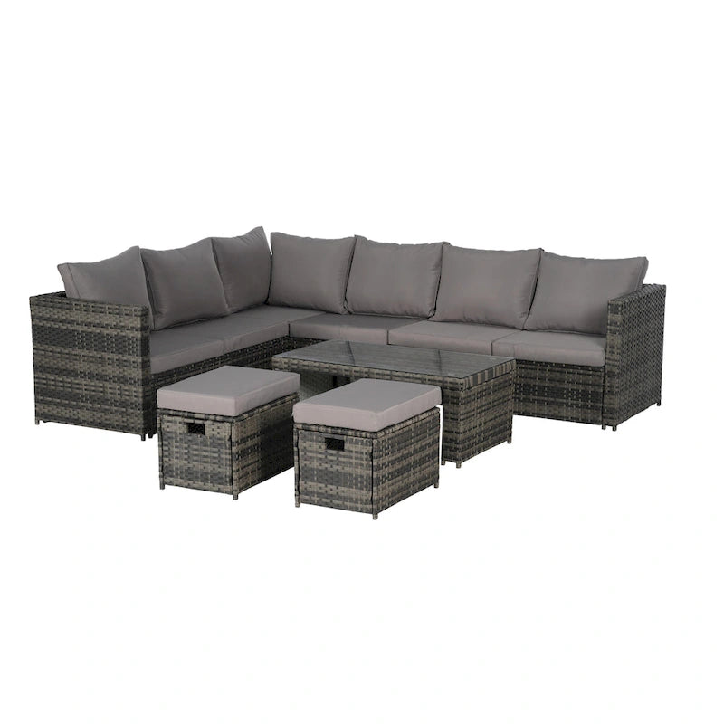 Ensemble de canapé d'angle en rotin 6 pièces avec table en verre