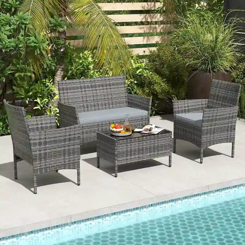 Ensemble de mobilier de patio Costway 4 pièces avec coussins lavables et matelas en verre trempé - 4 pièces