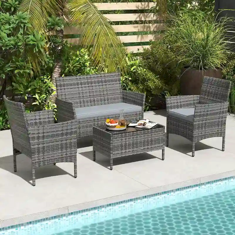 Ensemble de mobilier de patio Costway 4 pièces avec coussins lavables et matelas en verre trempé - 4 pièces