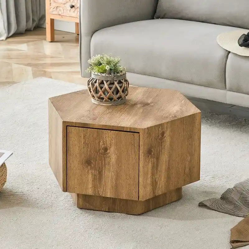 Table basse hexagonale en MDF avec tiroirs. Design simple et pratique, fabriquée à partir de matériaux de haute qualité pour une fonctionnalité élégante.