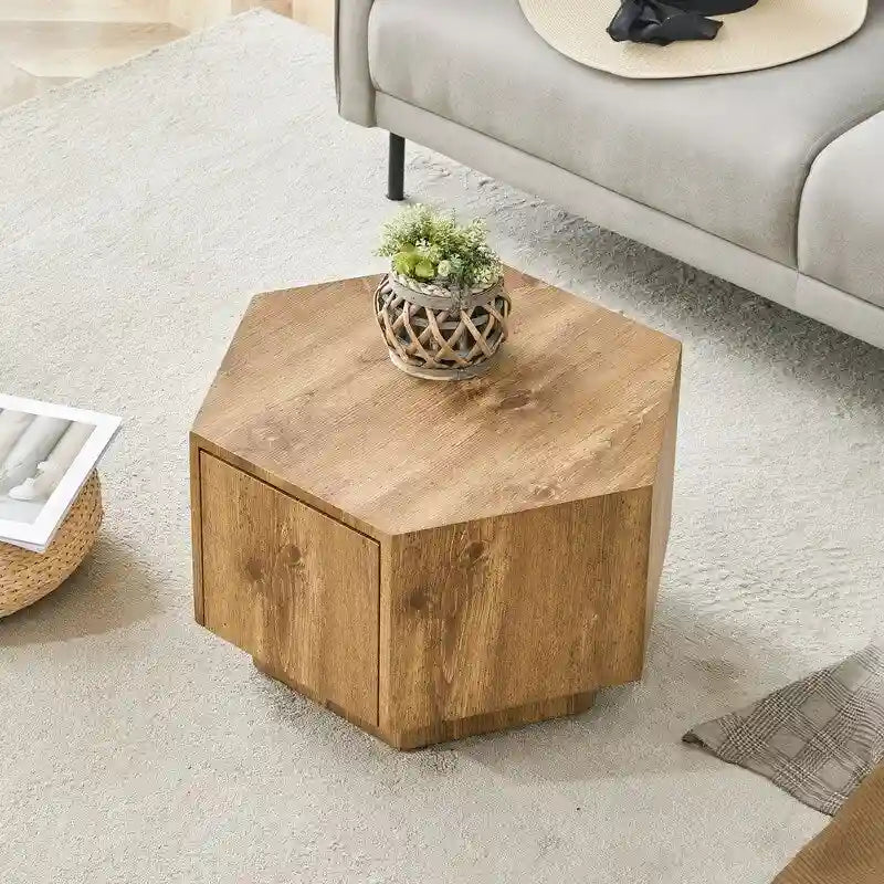 Table basse hexagonale en MDF avec tiroirs. Design simple et pratique, fabriquée à partir de matériaux de haute qualité pour une fonctionnalité élégante.