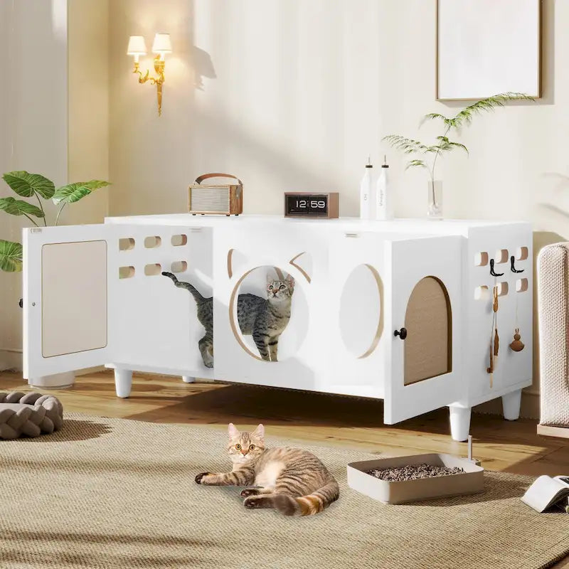 Cat Litter Box Enclosure, Hidden Cat Litter Box Furniture with Scratch Door, Furniture Style Pet House, Modern TV