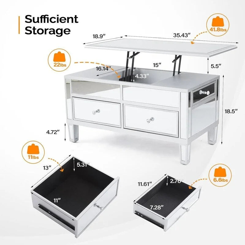 Mirrored Lift Top Coffee Table with Drawers