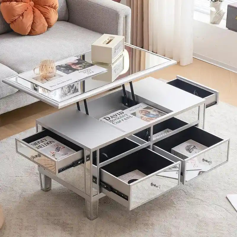 Table basse relevable à miroir avec tiroirs