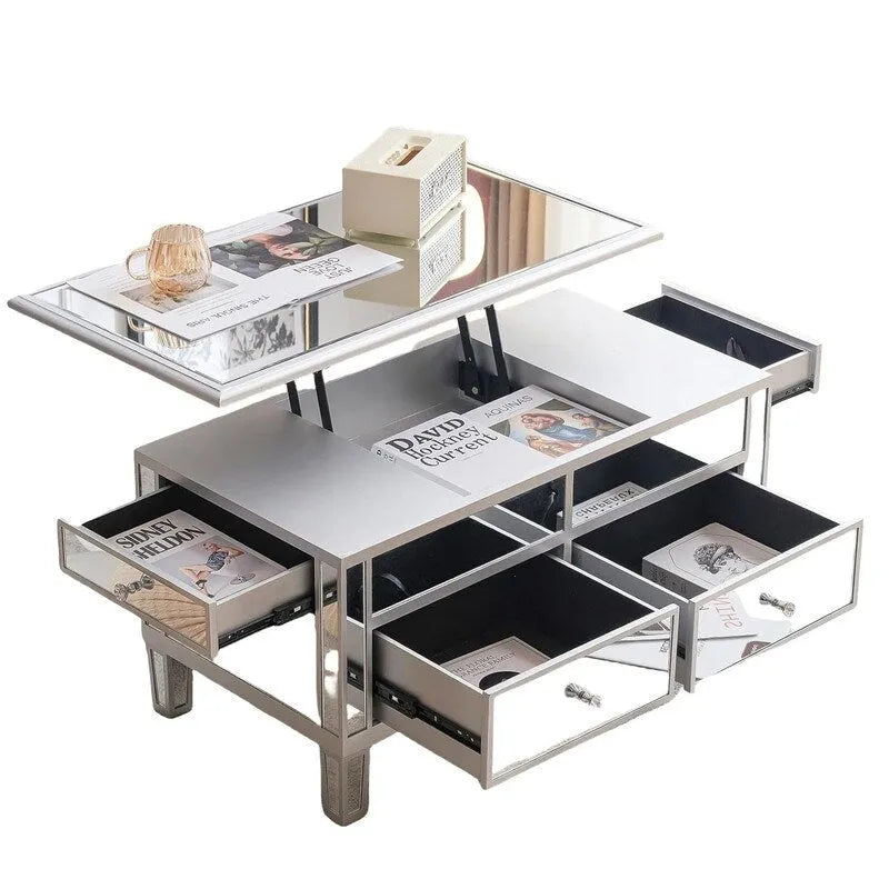Table basse relevable à miroir avec tiroirs