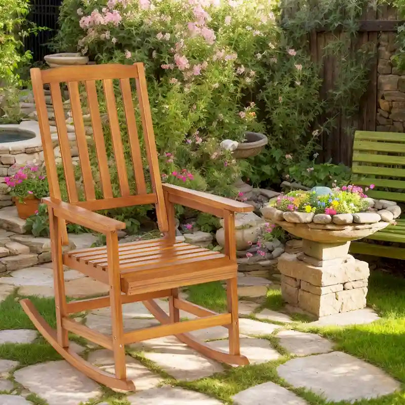 Farmhouse Acacia Wood Rocking Chair, Indoor/Outdoor Solid Wood Patio Furniture with Ergonomic Design & Weather-Resistant Finish