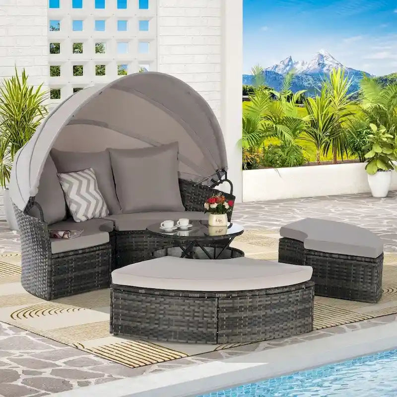 5-Piece Outdoor Wicker Conversation Set with Retractable Canopy, Soft Cushions, and Storable Table