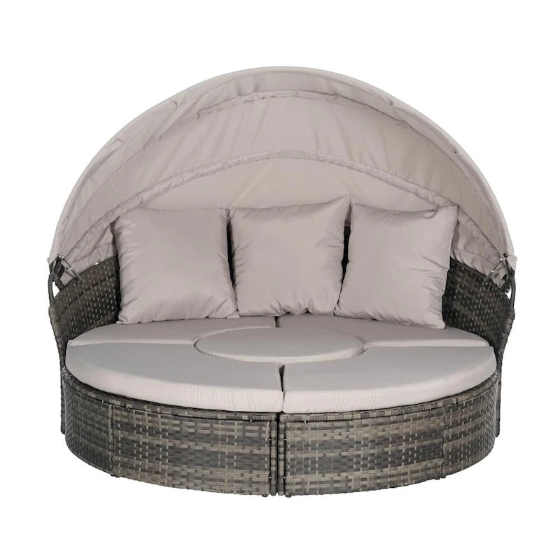 Ensemble de conversation d'extérieur en résine tressée 5 pièces avec auvent rétractable, coussins moelleux et table de rangement